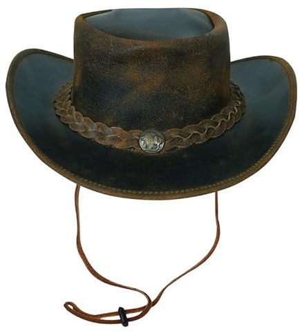 URBAN 5884 Sombrero Vaquero de Cuero Auténtico, Sombrero Cowboy para Hombre/Mujer, con ala Ancha y Barboquejo Ajustable - Tan, L