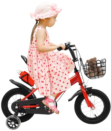 CUMELLIIR Bicicletta per bambini 12 Pollici, Ragazzi, Bici Con Ruote Di Supporto, Cestino E Bottiglia D'acqua, Altezza Regolabile, Acciaio Al Carbonio Alto Bicicletta Bambini Da 3 Anni In su, Rosso