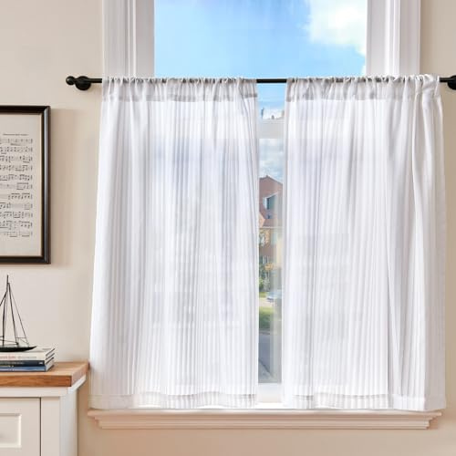 TOPICK Scheibengardinen modern Wohnzimmer Bistrogardinen 2er Set Küchenvorhang Küchengardinen Fenstergardinen, H90xB65 cm Küchenvorhänge Landhausstil Leinenoptik Durchsichtig Gardinen Kurz Weiß