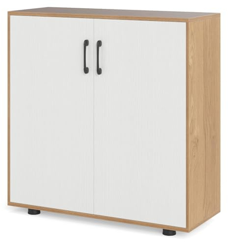 TANGZON Storage Cabinet, 2 Door Buffet Sideboard with Adjustable Shelf, Anti-tipping Device & Raised Feet, Freestanding Kitchen Cupboard Organiser for Dining Living Room Hallway (Natural+White)