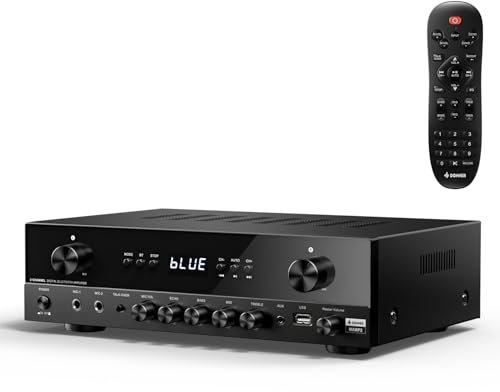 Donner Stereo Verstärker, 600 W Peak, 2-Kanal-Receiver mit Bluetooth 5.3, Phono, Optisch, Koaxial, USB, FM, 2 Mikrofoneingänge, Aux, Cinch-Eingang für Heim-, Karaoke- und Theaterlautsprecher, MAMP2