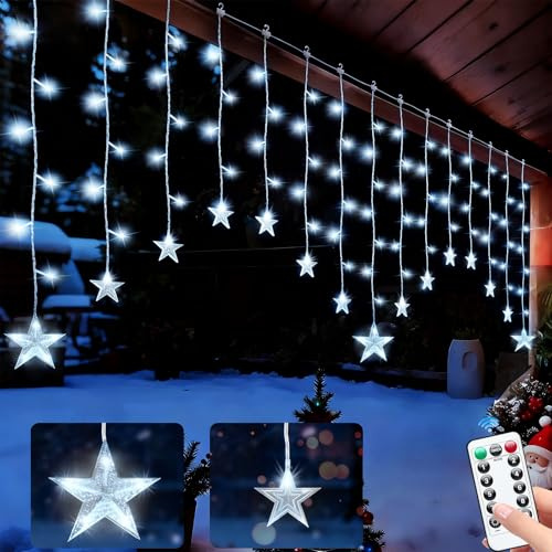 Tenda Luminosa, 108 LED, 15 Stelle, Telecomando, Luci a Tendina per Finestre, Spina con 8 Modalità Lampeggianti, Decorazione per Natale, Matrimoni, Camere da Letto, Feste, Compleanni, Bianco Freddo