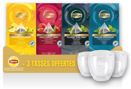 Lipton Exclusive Selection - 4 Saveurs + 3 tasses OFFERTES - Thé noir - Earl Grey, English Breakfast, Citron, Fruits rouges