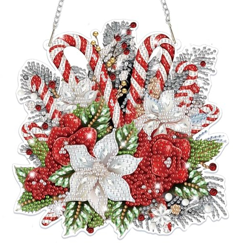 Lxmsja Christmas Wreath Diamond Art Hanging Ornaments for Adults Kids, Special Shaped Flowers Diamond Painting Suncatcher Kits, Hanging Crystal Pendent Gem Art Kits Gifts for Home Door Wall Decor