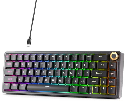 Dierya DK68E - Tastiera da gioco con manopola, 60% per cento di montaggio con guarnizione, interruttore hot swap, tastiera meccanica cablata, programmabile a 66 tasti RGB retroilluminata