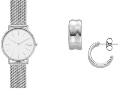 Skagen Damen Signatur Silberfarbene Edelstahl Uhr und Anja Pebbles Ohrringe, Set