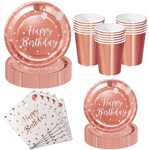 Nkaiso Platos y Vasos para Cumpleaños, 50 Piezas Rosa oro Platos Carton Desechables Set, 10x 23cm & 10 x 18cm Platos Fiesta, 10 Vasos, 20 Servilletas - Para decoración de cumpleaños -10 Invitados