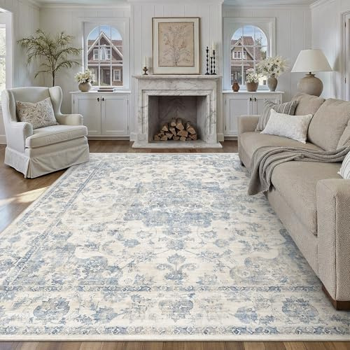 HUGEAR Vintage Teppich Wohnzimmer 300x400cm Blau Waschbar | Waschbarer Retro Teppich,Weich,Rutschfest Kurzflor,Groß,für Wohnzimmer,Schlafzimmer, Esszimmer,Büro,Carpet,Teppiche