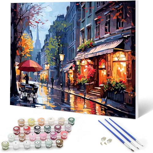 Auremi DIY Straße Malen nach Zahlen Set für Erwachsene Kinder mit Holzrahmen,Landschaft Paint by Numbers Set Mit Ölgemälde für Anfänger Perfekte Geschenkidee und Wanddekoration 20x30cm