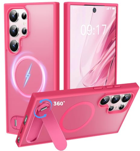New-One Coque Pour Samsung Galaxy S25 Ultra avec Support [Intégré 360°Invisible][Magnétique & MagSafe Compatible][Militaire Antichoc] Silicone Bumper 5G Béquille Case - Mate Protection Étui Fuchsia