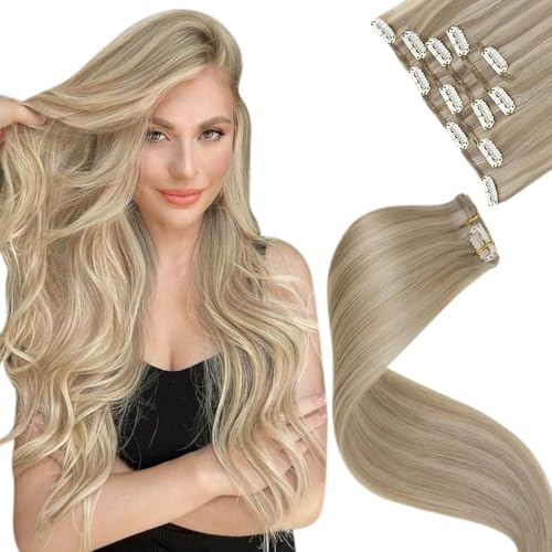 LaaVoo Remy Clip in Extensions Echthaar Blond Haarverlängerung Echthaar Clip in Glatt Extensions Echthaar Clips Blond Highlighted 30cm 70g 5PCS #16/22