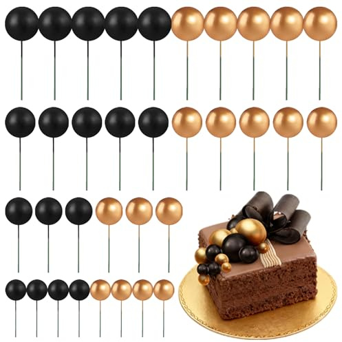 108Pcs Ball Cake Toppers, Black Gold Party Mini Foam Balloon Cake Picks Set | Foam Decorations, Cupcake Decorating Supplies Cute Small Balls Accessories for Birthday Baby Shower Wedding Cakes Desserts