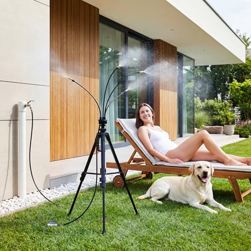 HIRALIY Nebulizador Terraza Exterior, Trípode Estable Altura Ajustable 85-145cm, Sistema de Nebulización para Jardín Mascotas y Piscina, Barbacoa, 8m Manguera