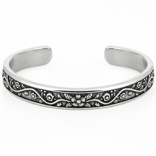 LuxGoth Stainless Steel Retro Flowers Cuff Bracelet,Retro Gothic Punk Biker Cool Open Flowers Cuff Bangle Bracelets Jewelry for Men Silver GTS-B1B45074