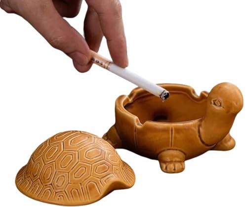 Tortue Cendrier Céramique avec Couvercle - Cendrier Table Céramique Résistant Vent Forme Tortue Cendrier Décoratif pour Maison Bureau Salon Terrasse L'intérieur Ou L'extérieur(Brown)