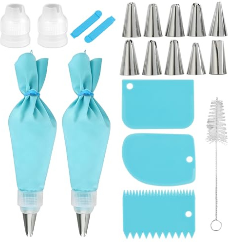 Piping Bags and Nozzles Set, 20 Pcs Cakes Decorating Kit Supplies with 2 Reusable Pastry Bags, 10 Frosting Tips, 2 Couplers 2 Bag Ties, 3 Cake Scraper, 1 Cleaning Brush for DIY Cake Cupcake Decorating