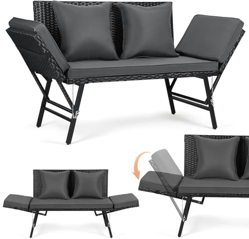 Gartenbank Polyrattan mit Liegefunktion, 2-Sitzer Gartensofa mit Verstellbare Armlehnen, Outdoor Sofa Wetterfest mit Sitzpolstern & Kissenfür, 3 in 1 Balkon Sofa für Garten,Balkon & Terrasse, Grau
