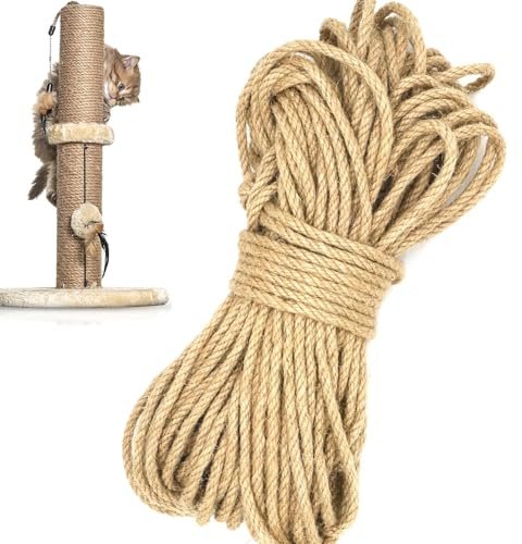 50FT Jute Rope, 6mm Thick Jute Twine String, Natural Braided Jute Garden Rope for Cat Scratching Post Ropes, Gardening, Camping, Decoration, Gift Wrapping and Craft Decoration (6mm)