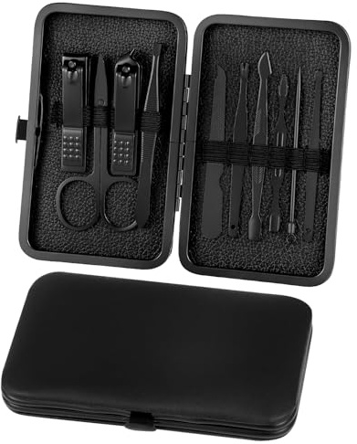 ALIIP Nagelklipper i Rostfritt Stål, Professionell Manikyr/Pedikyr Set, Pedikyr Nagelverktyg, Verktyg för Nagelvård, Resmanikyr med Läderfodral, Svart - 10st