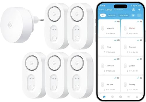 GoveeLife Mejora Inteligente Detector de Agua 1s con Alcance Ultra de 550 m, Sensor de Agua WiFi con SMS/Correo Electrónico/Notificación Push en APP y Alarma Acústica, Duración de Batería de 5 Años