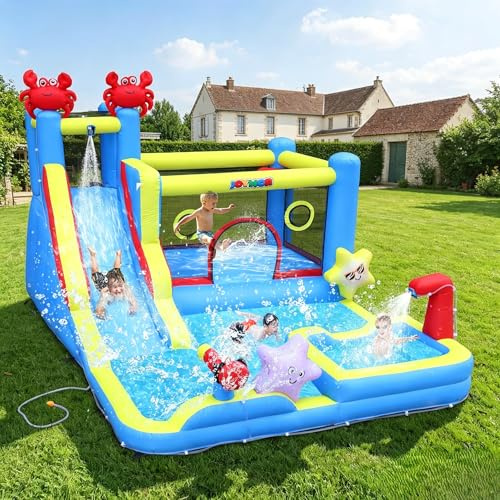 Bonnlo Chateau Gonflable avec Piscine, Toboggan Aquatique, Mur d'escalade et Trampoline pour Enfant, Aire de Jeux Gonflable 375 x292 x230cm pour Jardin Extérieur, Ventilateur Inclus, Thème Océanique