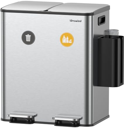 lovewind Kitchen Bin,2 X 20L Dual Compartment Pedal Recycling Bins for Kitchen,Stainless Steel Rubbish Bin with Inner Buckets, Soft Close, Wide Step-On Pedal,Airtight Design,for Home Office,Silver