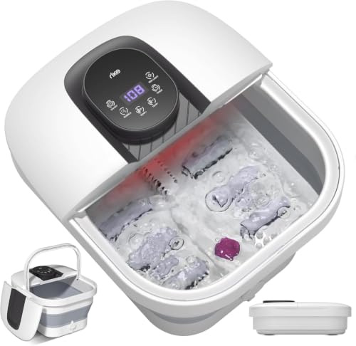 RIKE Bain de Pieds Massant Chauffant Pliable, Massage Pieds Spa 35℃-48℃ | Masseur Spa de Pieds avec Bulles et 6 Rouleaux de Massage, Pierre Ponce, 6 Timer, Lumière Infrarouge, Cadeau Homme Femme
