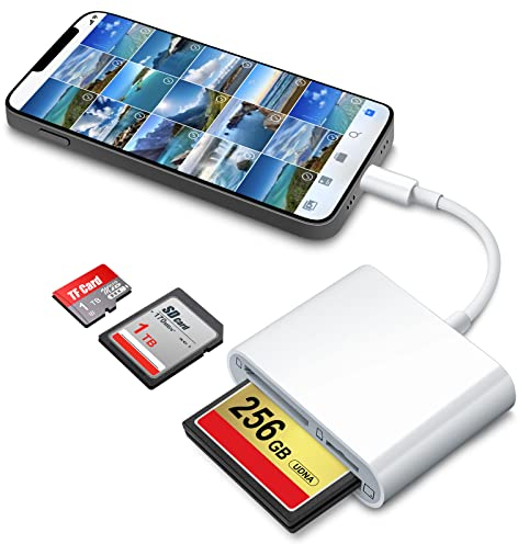 DenicMic SD CF Card Reader for iPhone iPad SD CF TF Memory Card Reader Adapter Digital Camera Reader Trail Game Camera Viewer for iPhone 11/X/8 Plus/8/7 Plus/7/6S, iPad Mini/Air, No App Required