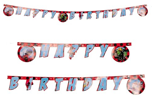 Procos 91350 - Geburtstags-Girlande Miraculous Ladybug, Dekoration, Kindergeburtstag, Taglia Unica