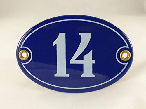 Emaille Hausnummer Schild Nr. 14, oval, Blau-Weiß Handarbeit