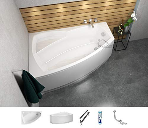 ECOLAM® Badewanne Eckbadewanne Acryl Frida Polimat weiß 140x90 cm LINKS + Schürze Ablaufgarnitur Ab- und Überlauf Automatik Füße Silikon Komplett-Set