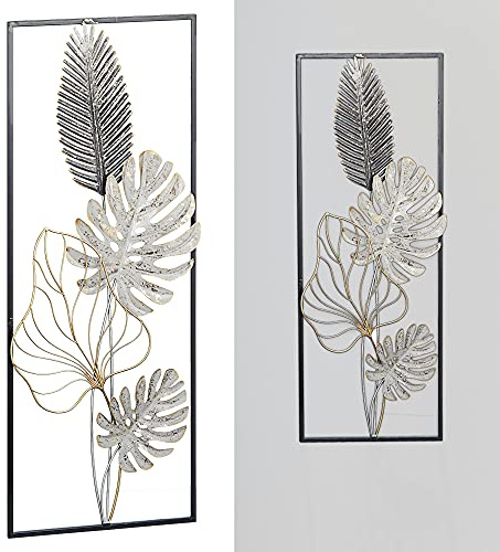 Väggdekoration 3D-utseende för upphängning│Motiv blad metall grå/silver/guld, 28,5 x 74 cm (B x H)│Väggskulptur horisontellt och vertikal (1 x Väggdekoration Allegra)