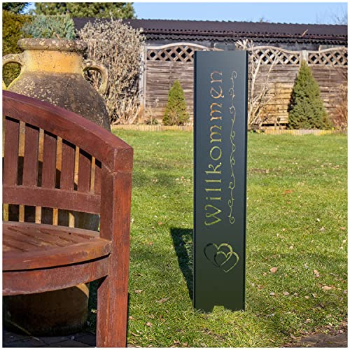teileplus24 GS01 Willkommen Gartenstecker Gartenschild | Schwarz Garten Deko | 3D Abkantung | 120cm x 21cm
