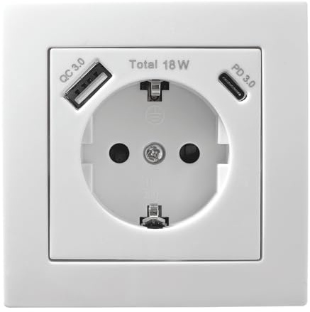 McPower Schutzkontakt Steckdose, 1x USB-C 18W Quickcharge 1x USB-A inklusive Rahmen | FLAIR | 250V~/16A, UP, Unterputzsteckdose mit Einsteckschutz weiß matt
