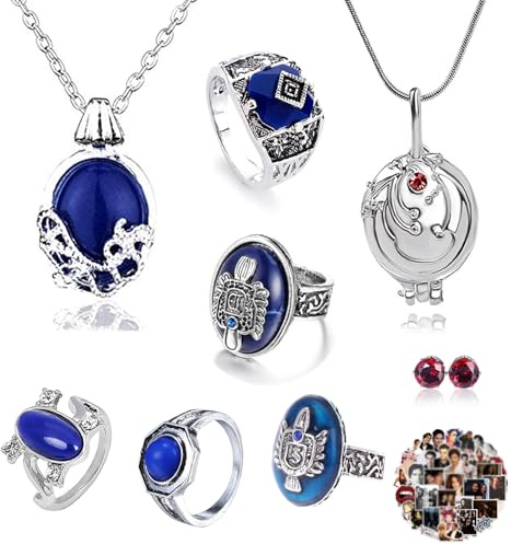 YouU 28 pcs The Vampire Diar.s Jewelry Stickers Set Elena Gilbert Opening Vervain Locket Pendant Necklace Sapphire Crystal Daylight Family Vampire Crest Rings Diamond Stud Earring