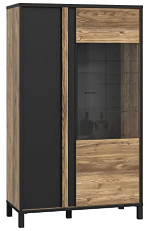 Newroom Vitrine Schwarz und Alpenfichte Vitrinenschrank Modern - 95,4x158,8x42 cm (BxHxT) - Glasvitrine Standvitrine Glasschrank - [Dosa.Four] Wohnzimmer Wohnstube