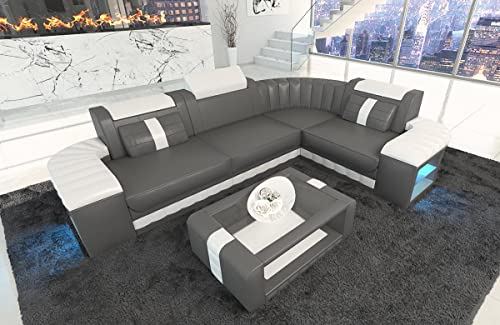 Sofa Bergamo Leder L Form Ecksofa Ledersofa mit Beleuchtung Couch mit Kopfstützen (Ecke rechts, Grau-Weiß)