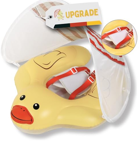 EDWEKIN® Einzigartiger Baby-Schwimmtrainer mit abnehmbarem Sonnendach, Ente Schwimmring, Schwimmhilfe mit Sonnenschutz, Schwimmreifen für Kleinkinder