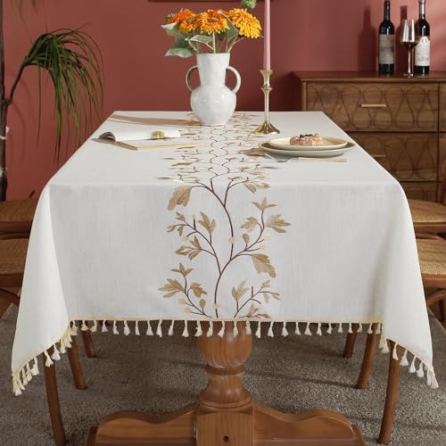 Laolitou Cotton Linen Waterproof Tablecloth for Dining Table Farmhouse Kitchen Rectangle Table Cloth Coffee Wrinkle Free Tables Cover, Beige, Coffee Flower, 55x86 Inch