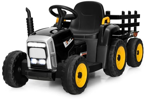 Costzon Ride on Tractor with Detachable Trailer, Kids' Electric Vehicles w/3-Gear-Shift Ground Loader, Wireless Design & USB, 7 LED Headlights, Remote Control Tractor Toy for Kids 3+ (12V, Black)