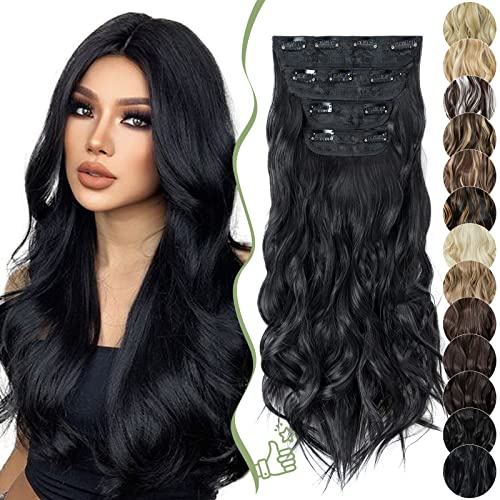 SEGO Clip in Extensions 4 PCS Wavy Haarverlängerung günstig Haarteil Haare Locken mit Klips für vollen Kopf 55 cm Naturschwarz