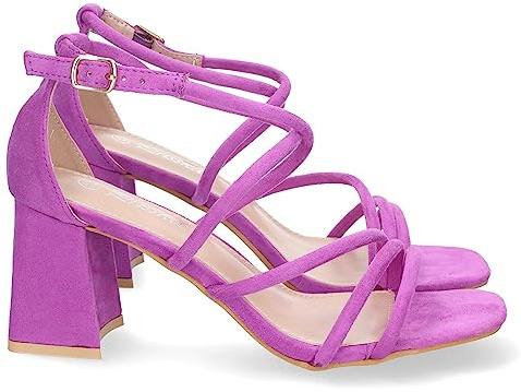 shoes&blues.es Sandalia de Tacon para Mujer, Comodo, con Tiras Finas Cruzadas, Talon Cerrado, y Cierre de Hebilla