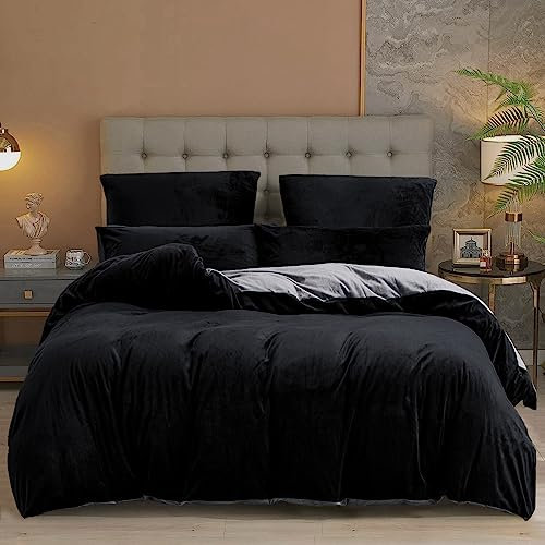 Damier Ropa de cama de invierno de 155 x 220 cm, de felpa, color negro y gris, liso, con tacto de cachemira, 3 piezas, suave, reversible, con cremallera y 2 fundas de almohada de 80 x 80 cm