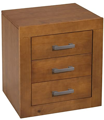 MOBLIT Mesita de Noche Dormitorio con 3 Cajones – Madera de Pino Macizo, Acabado Color Cerezo Serie Kynus, Mueble Auxiliar Robusto de 55x50x35 cm