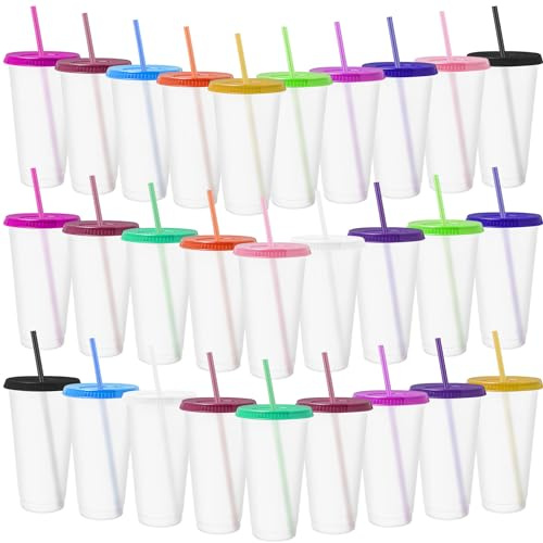 MSYU 28 Pack Plastic Tumblers with Lids and Straws, 24 oz Reusable Tumbler Water Bottle Iced Coffee Travel Mug Cup Clear Plastic Drink Cups Bulk for Parties Birthdays