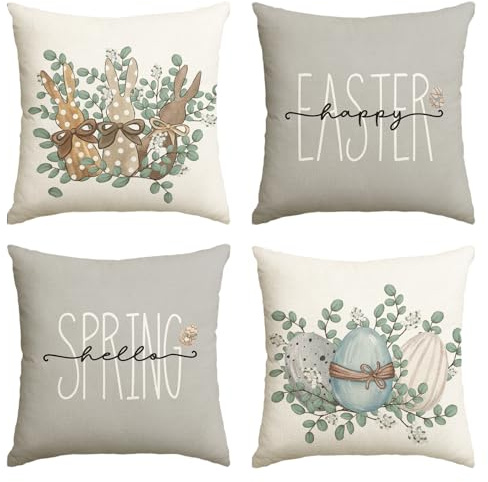 Artoid Mode Bunny Eggs Eucalyptus Easter Cushion Covers Set of 4, 45x45 cm Spring Decorative Pillow Case Cover Sofa Living Room Decor