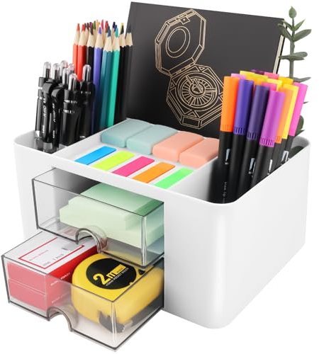 DoDuo Schreibtisch Organizer Weiß, Plastik Stifthalter Schreibtisch 5 Fächer und 2 Schubladen, Multifunktionaler Desk Organizer Kinder Aesthetic für Stifte Büro Zuhause Schule (Weiß)