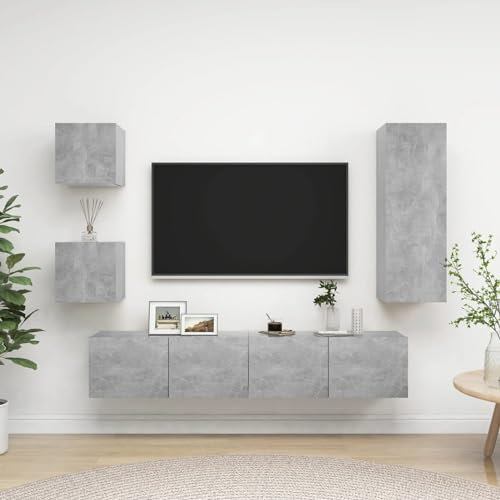 ShGaxin TV-möbelset 5-delad spånskiva grå betong, TV-skåp, modernt vardagsrum, TV-skåp, matrum, TV-bord, TV-bänk 3079116