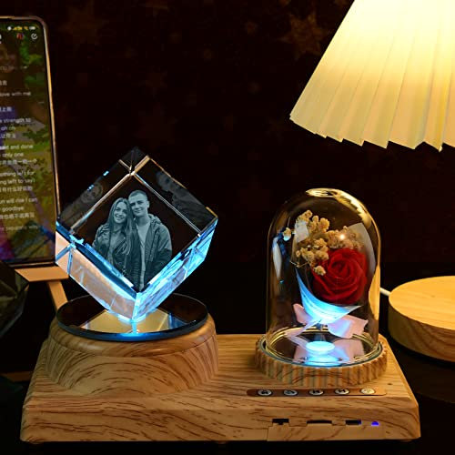 Cube photo rotatif en verre personnalisé avec base Décoration de bureau Lampe 3D en cristal personnalisée à faire soi-même pour mariage, anniversaire, Saint-Valentin, fête des mères et des pères