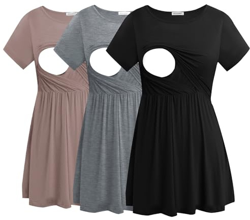 Smallshow Mujer Camiseta Lactancia Manga Corta T Shirt Premama Embarazada 3 Pack,Black-Brown-Light Grey,XXL